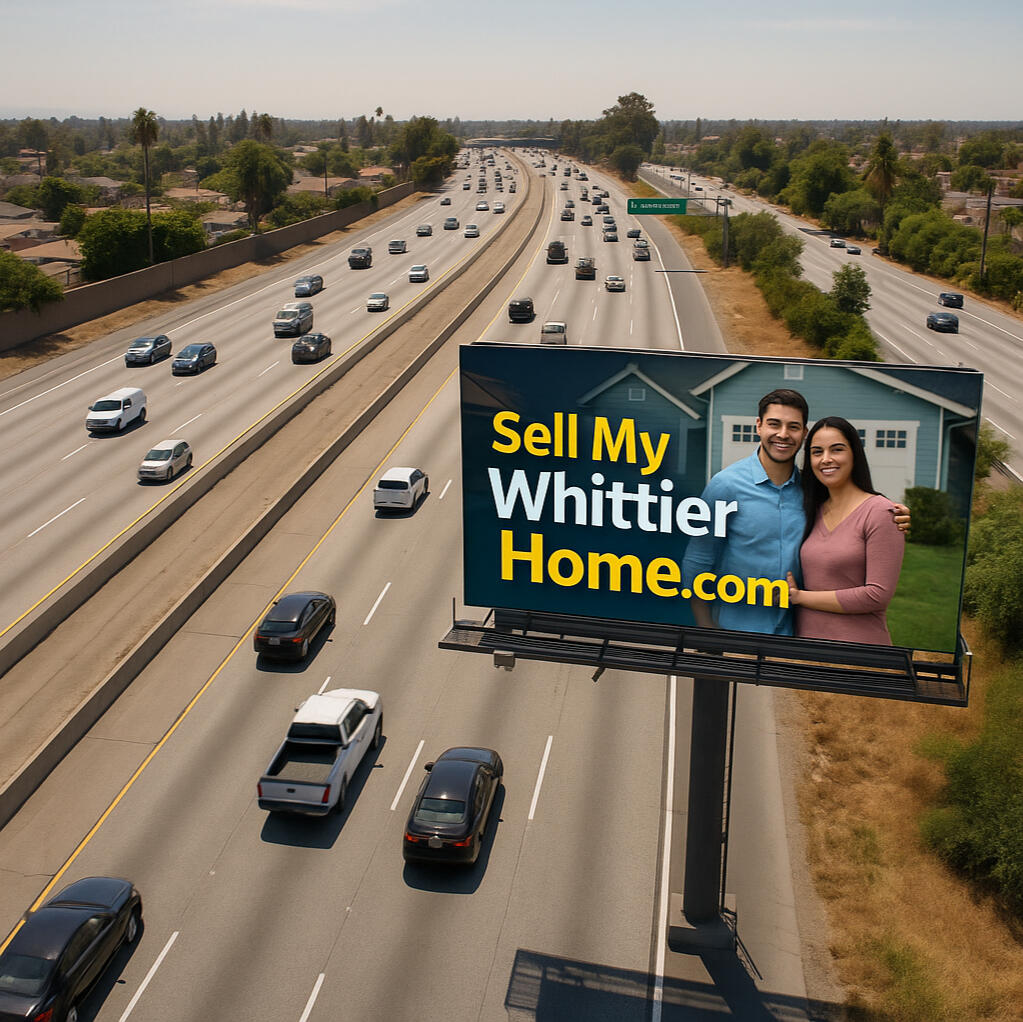 An aerial view of the 605 Freeway near the Whittier exit, showcasing a large billboard that reads “SellMyWhittierHome.com” in bold, bright colors. The billboard features a happy couple standing in front of their new home, with cars and traffic flowing bene